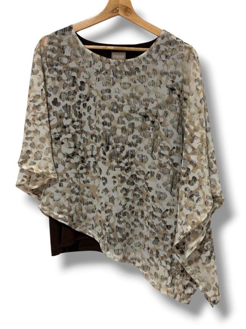 Chico's Women's Leopard Print Poncho Top Size L Asymmetrical Tan Brown Blouse